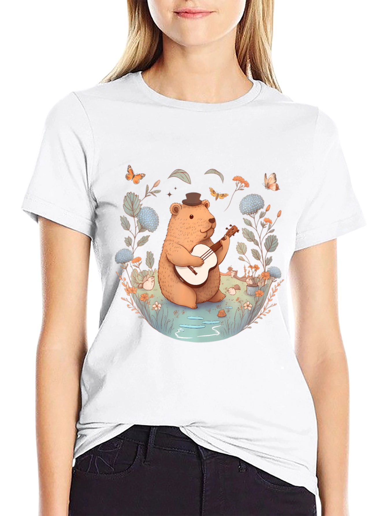 Whimsical Bear Guitarist T-Shirt - Nature Inspired Design
