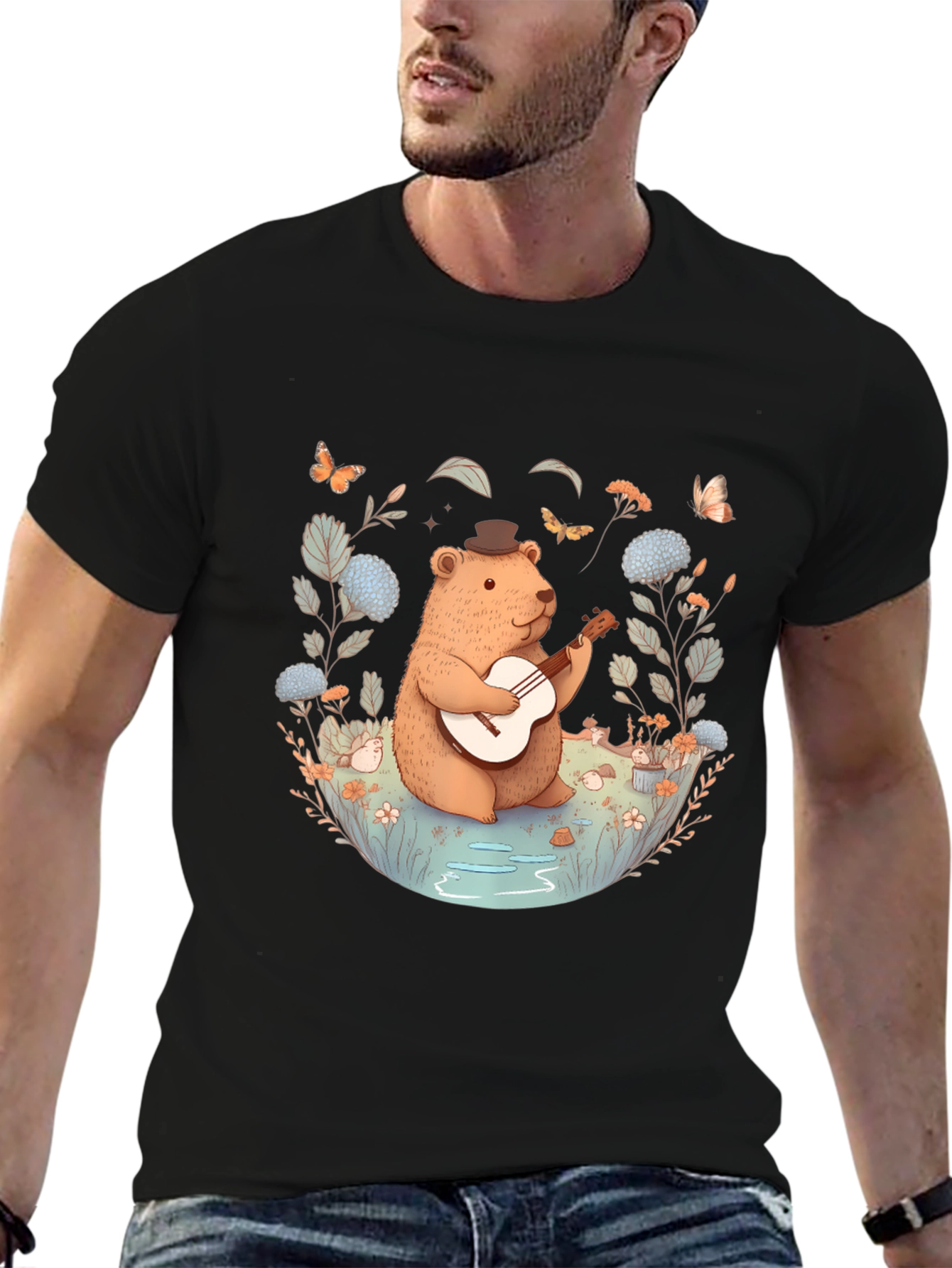Whimsical Bear Guitarist T-Shirt - Nature Inspired Design