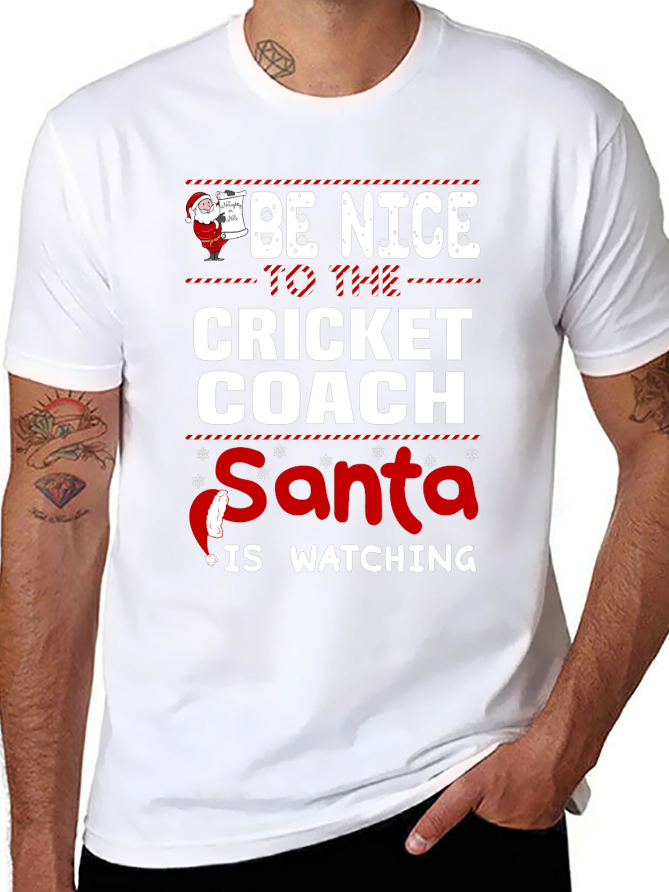 Funny Christmas Cricket Coach T-Shirt Santa Watching
