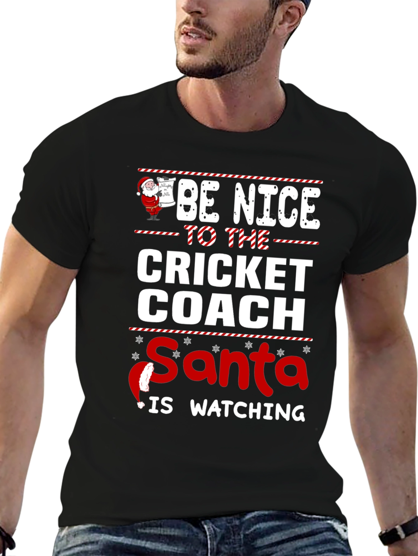 Funny Christmas Cricket Coach T-Shirt Santa Watching