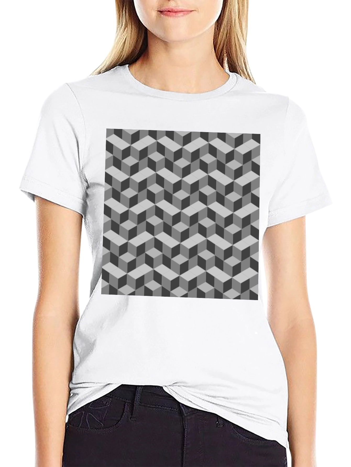 Geometric Cube Pattern Tee - Optical Illusion Design
