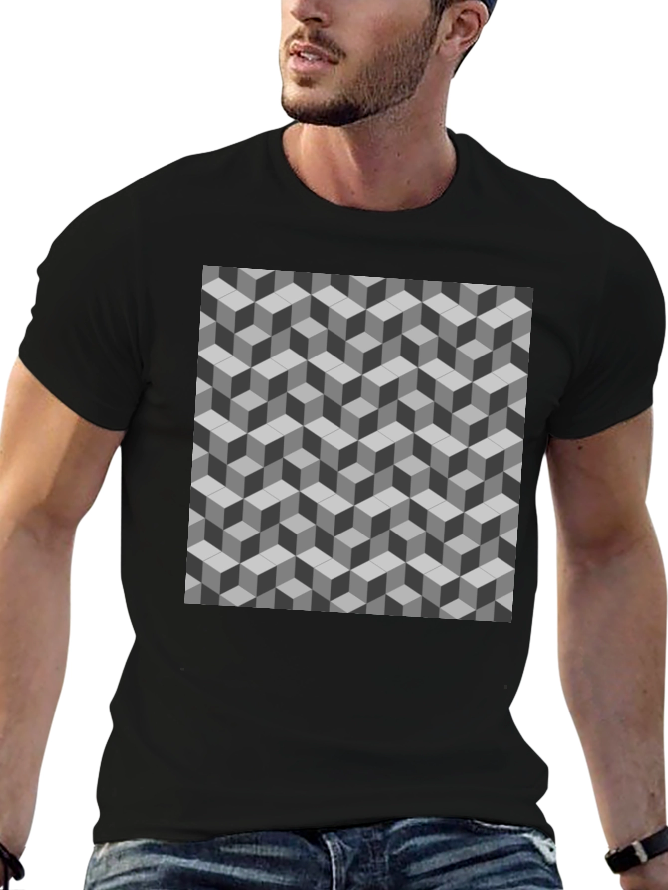 Geometric Cube Pattern Tee - Optical Illusion Design