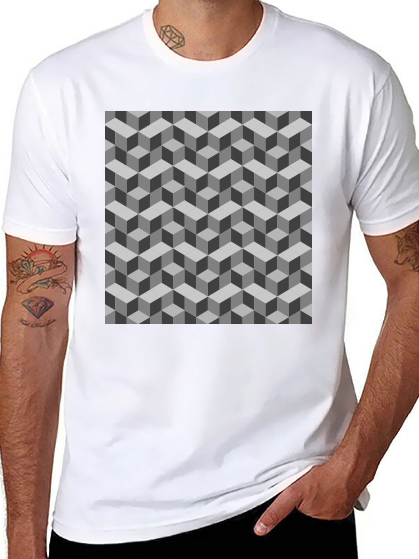 Geometric Cube Pattern Tee - Optical Illusion Design