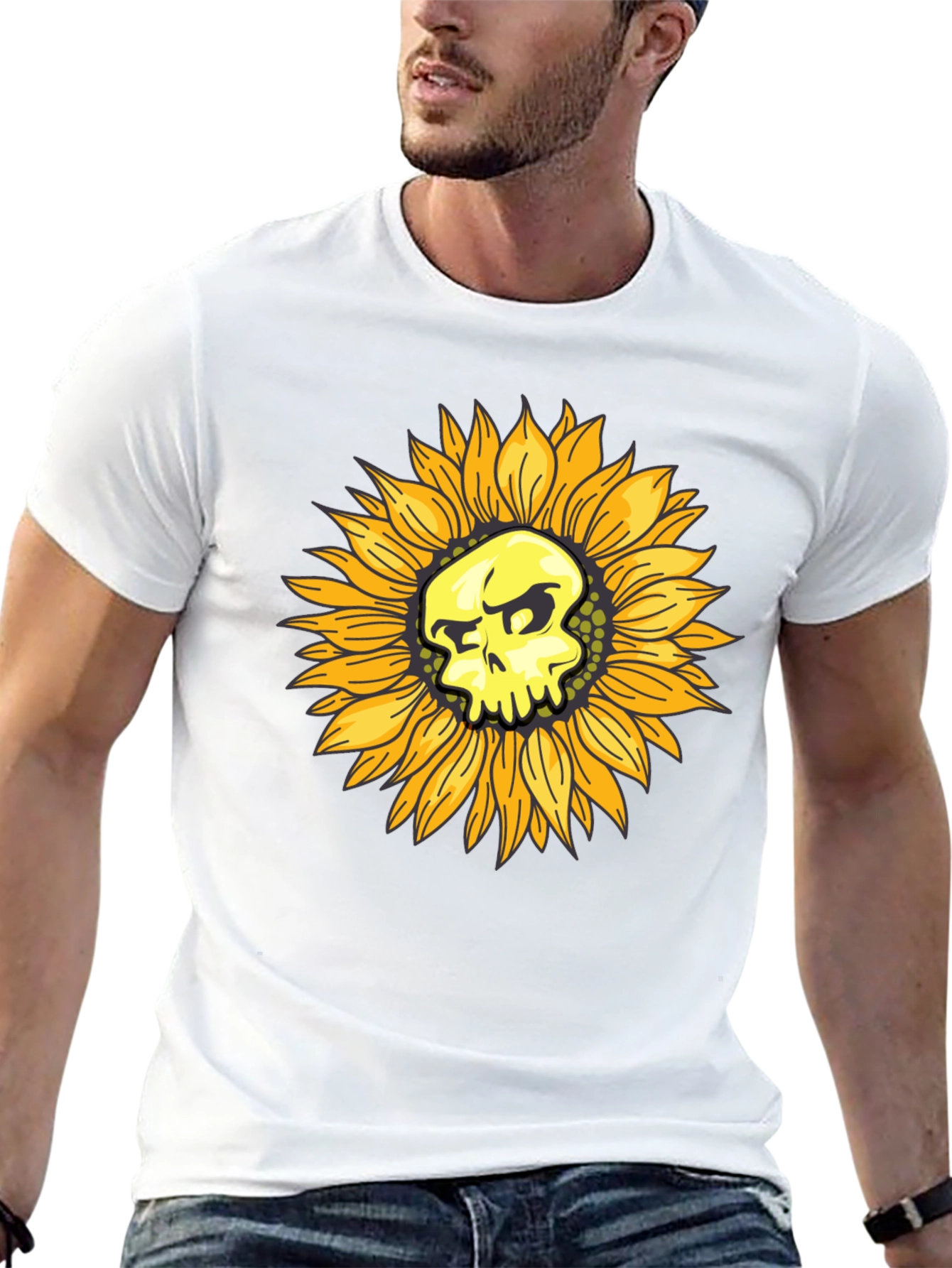 Skull Sunflower Graphic Black T-Shirt