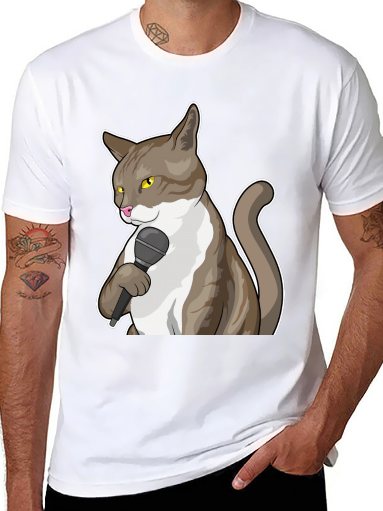 Funny Cat with Microphone Graphic T-Shirt