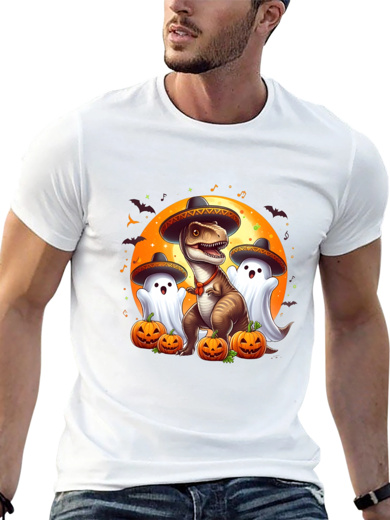 Halloween T-Rex Ghost Pumpkin Graphic Tee