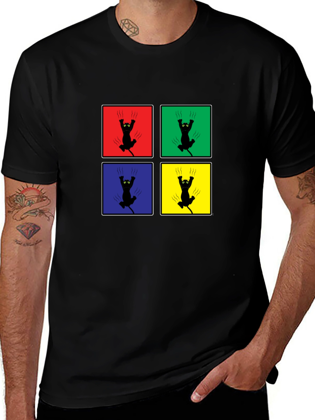 Clawing Cat Graphic Tee - Pop Art Black Shirt