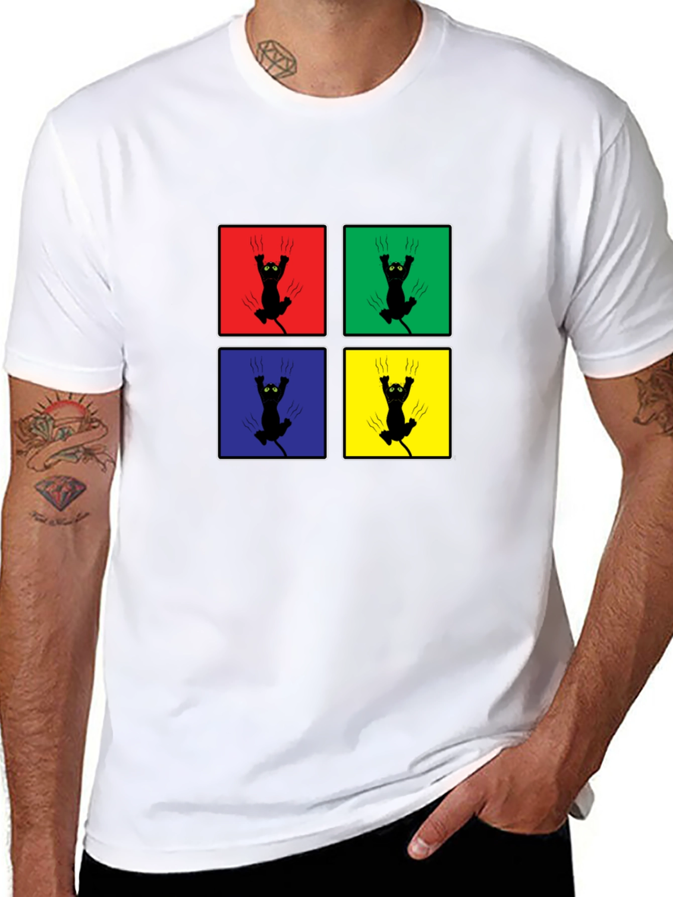 Clawing Cat Graphic Tee - Pop Art Black Shirt