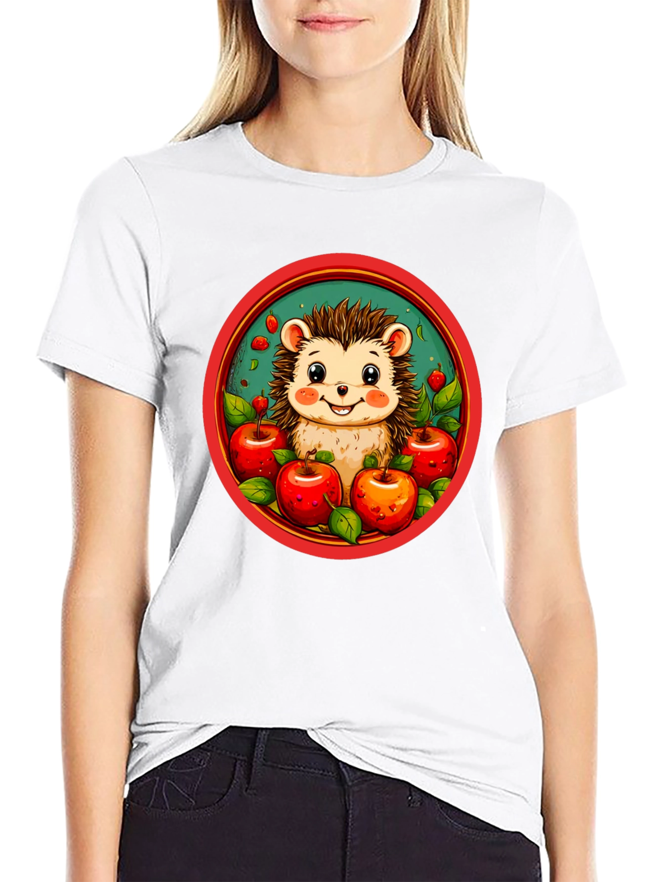 Hedgehog & Apples Graphic Tee - Cute Cartoon T-Shirt