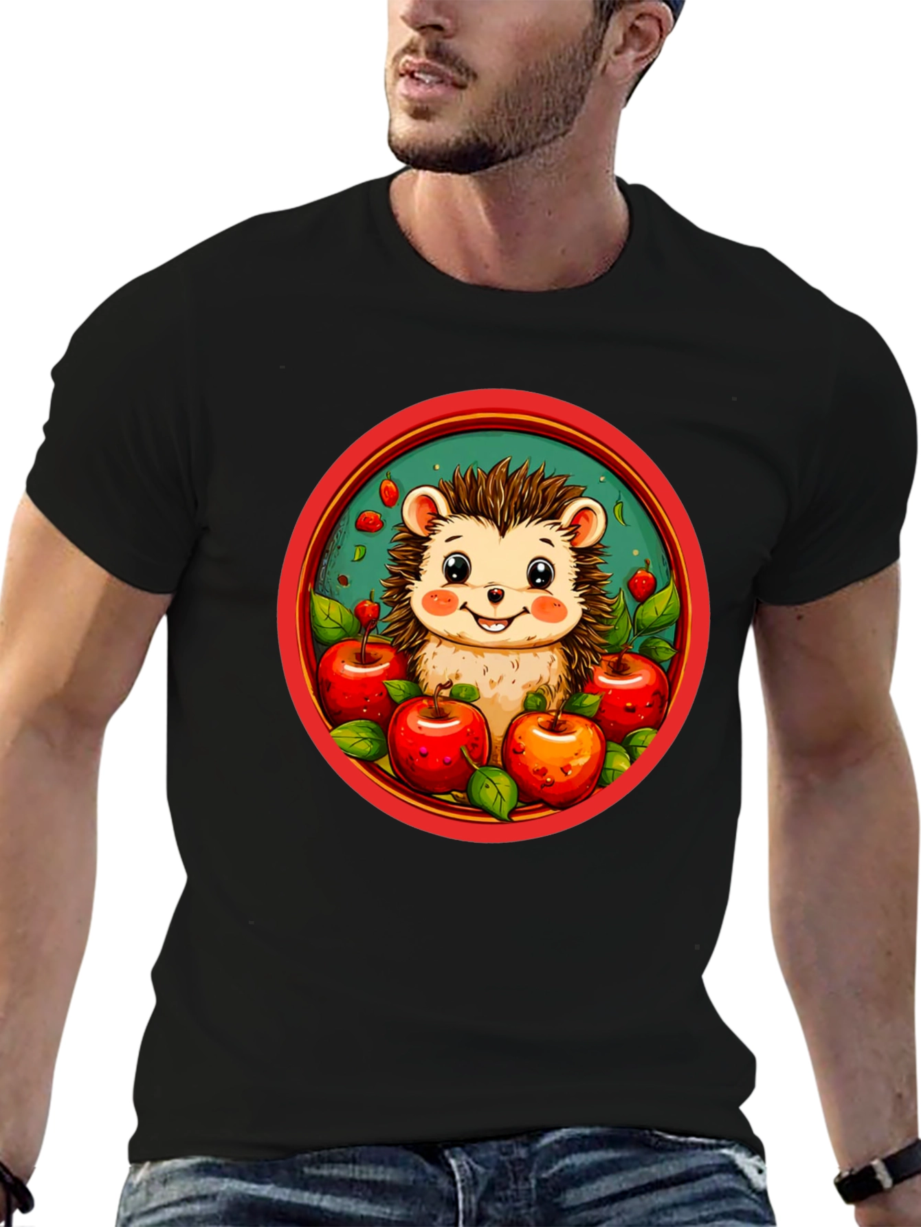 Hedgehog & Apples Graphic Tee - Cute Cartoon T-Shirt