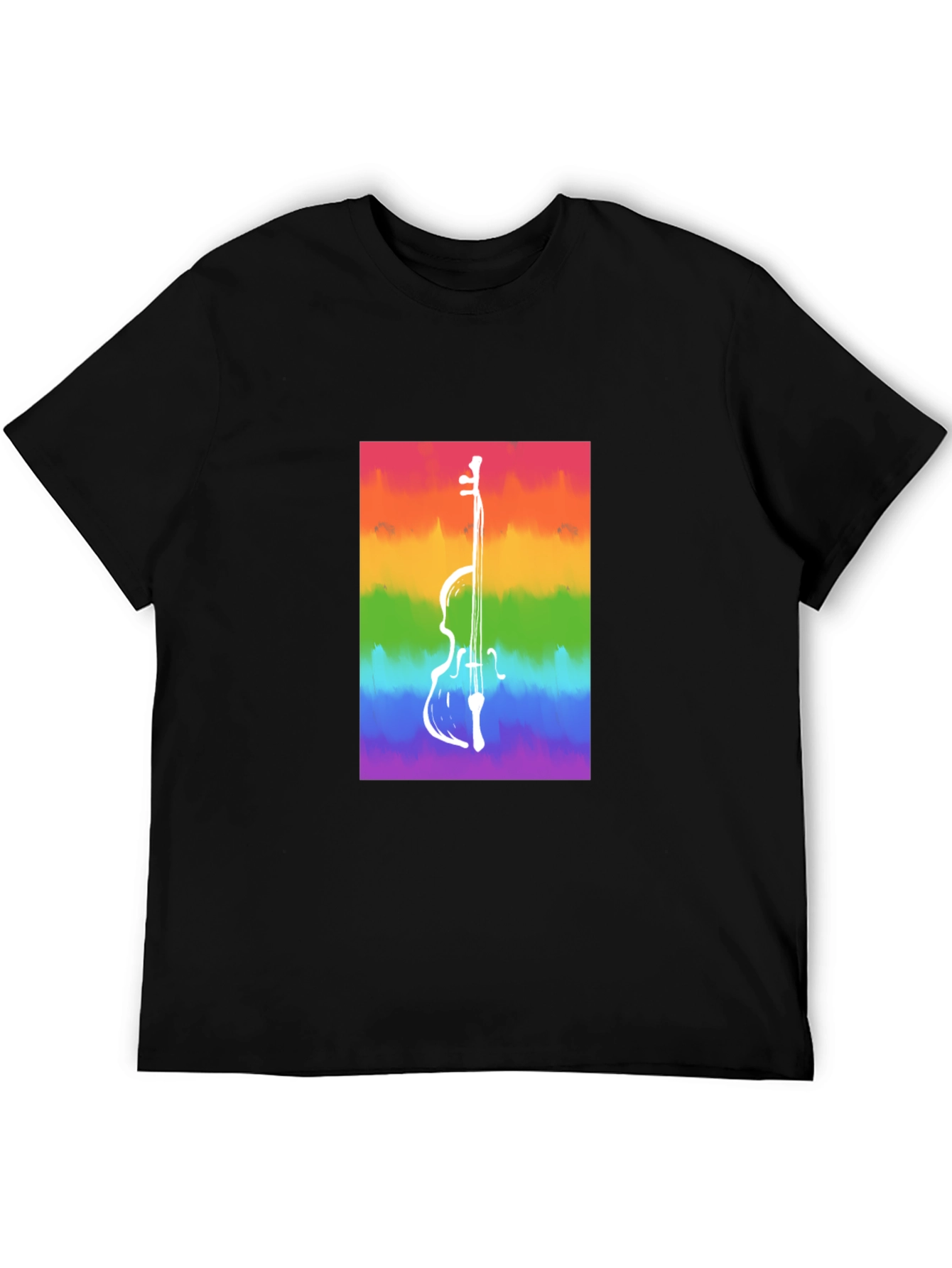 Rainbow Cello Graphic Tee - Black Cotton Casual Shirt