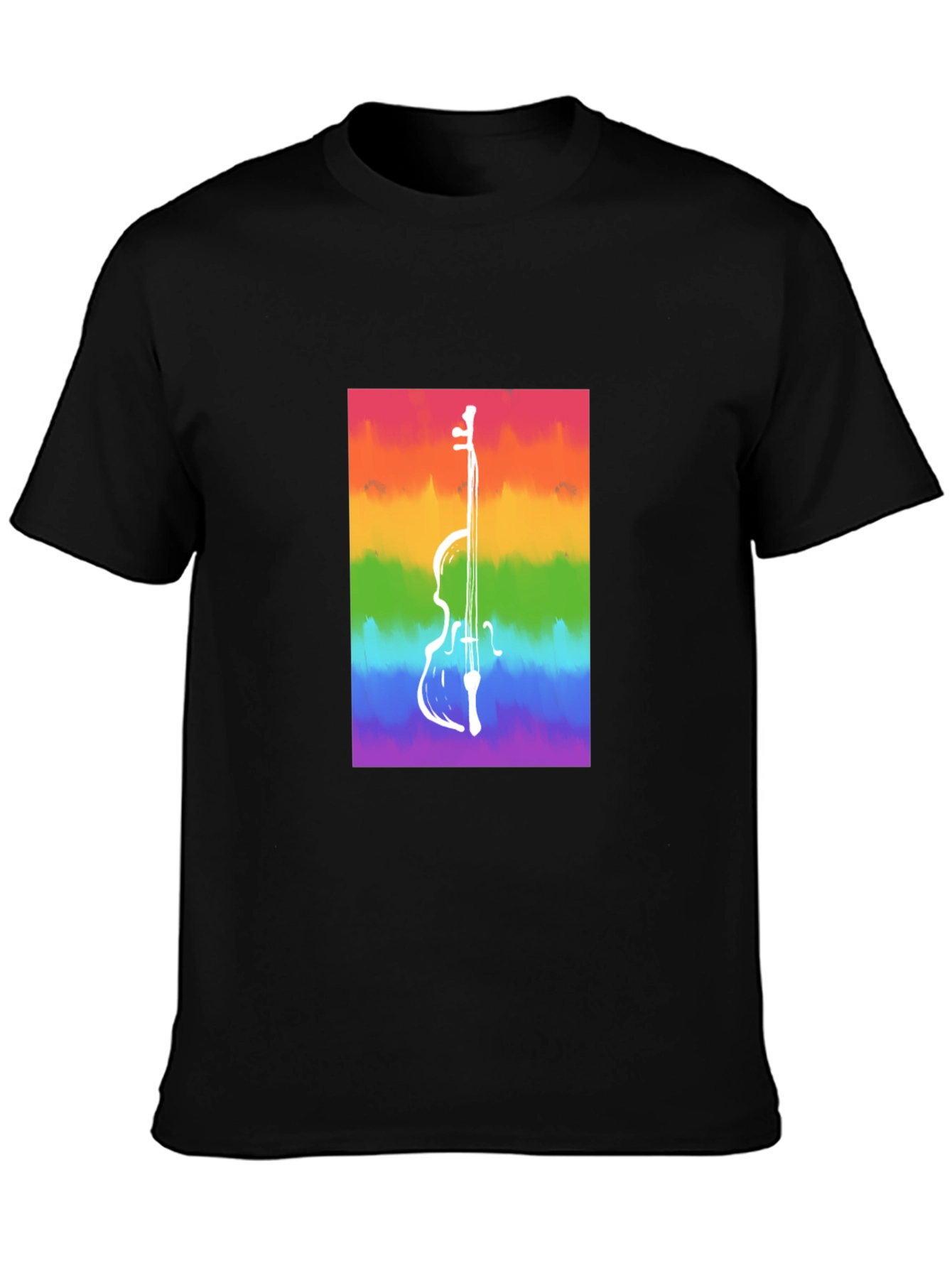 Rainbow Cello Graphic Tee - Black Cotton Casual Shirt