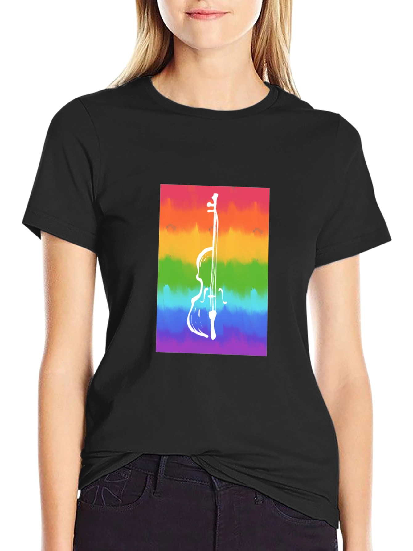 Rainbow Cello Graphic Tee - Black Cotton Casual Shirt