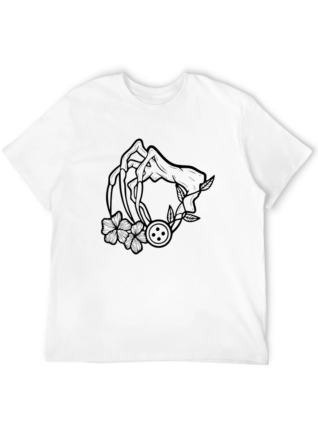 Graphic Black T-Shirt with Floral Button Design