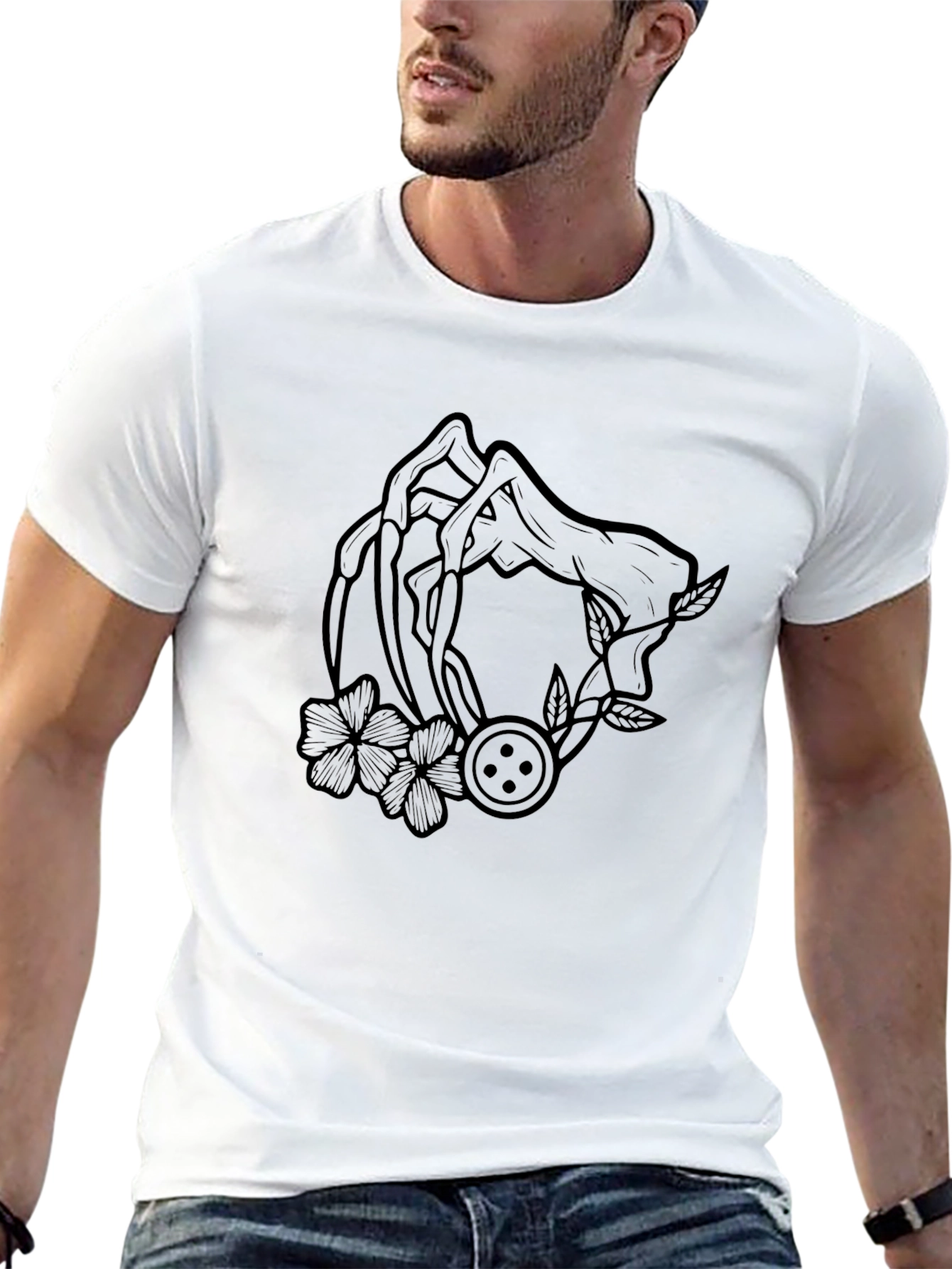 Graphic Black T-Shirt with Floral Button Design