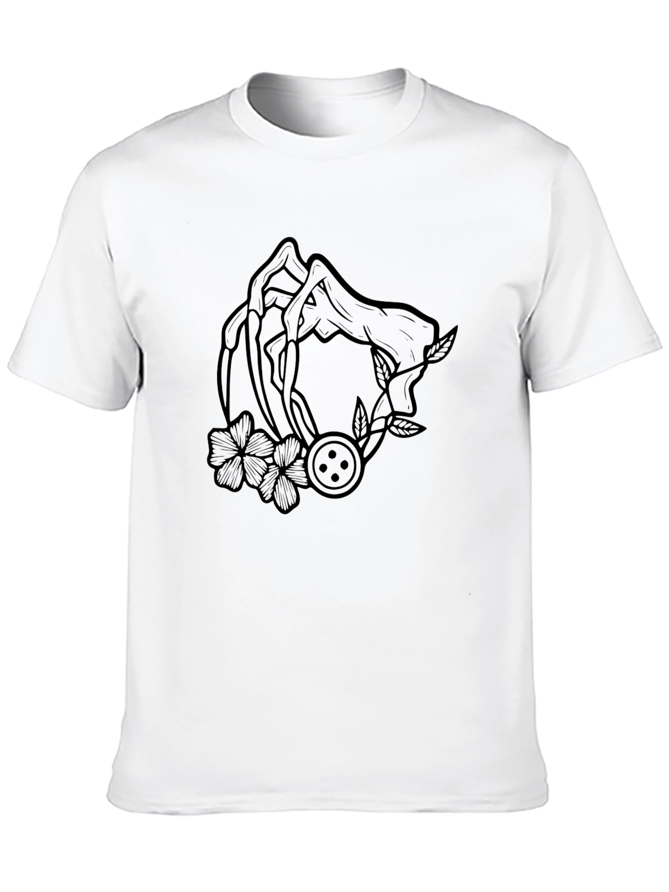 Graphic Black T-Shirt with Floral Button Design