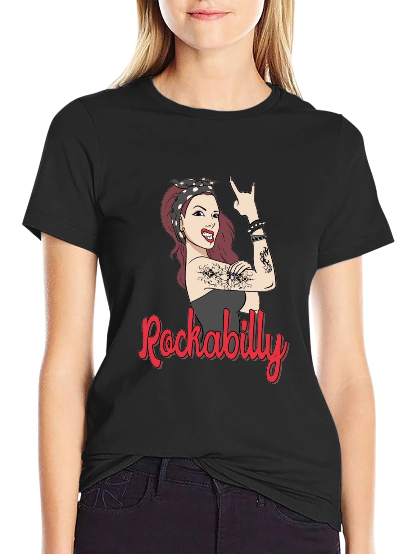 Rockabilly Woman Graphic T-Shirt - Black