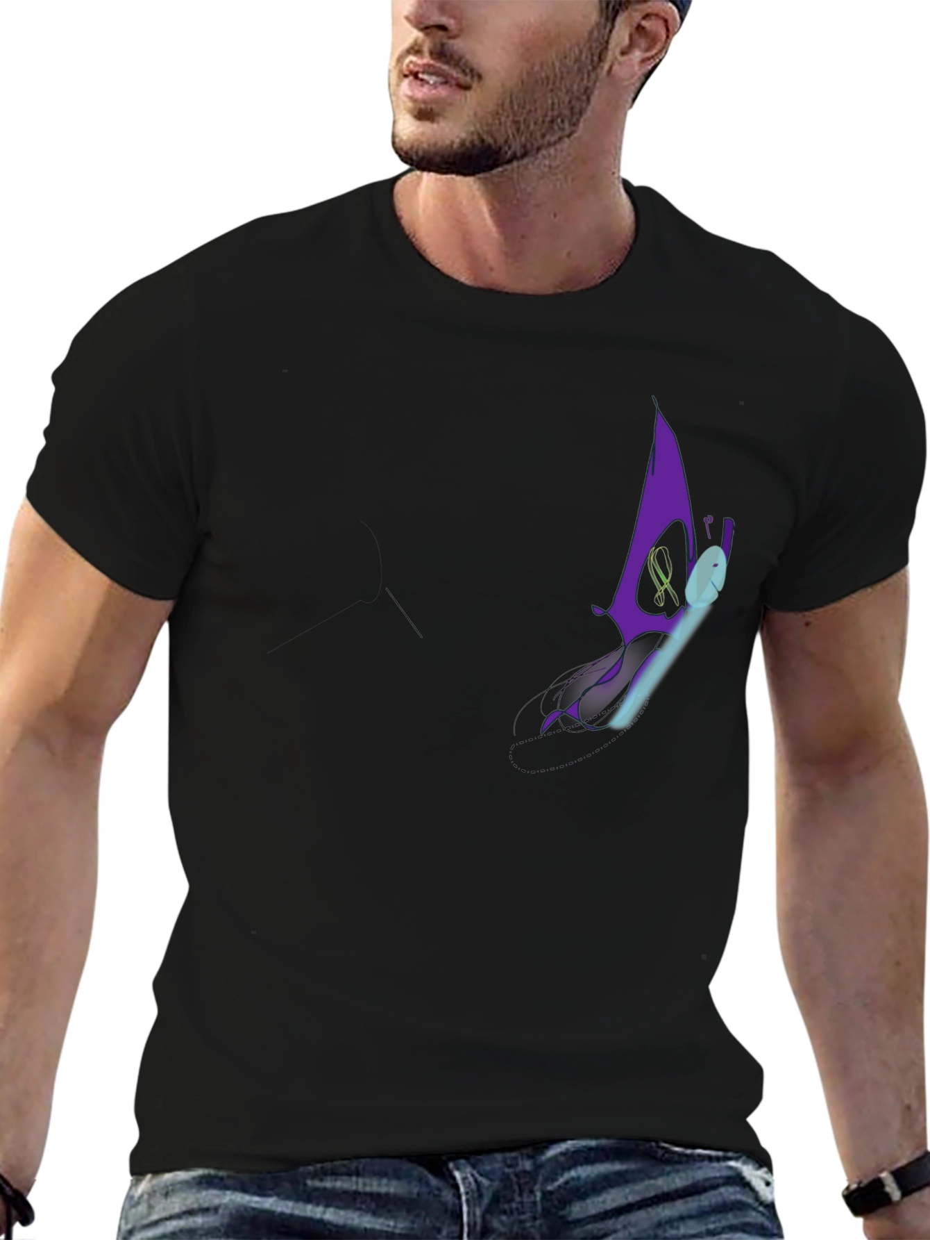 Mens Black Graphic T-Shirt - Purple Butterfly Design