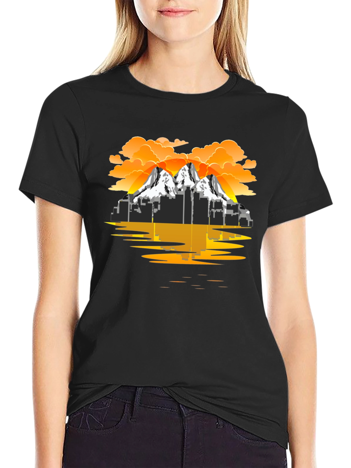 Cityscape Mountain Graphic Tee - Black T-Shirt