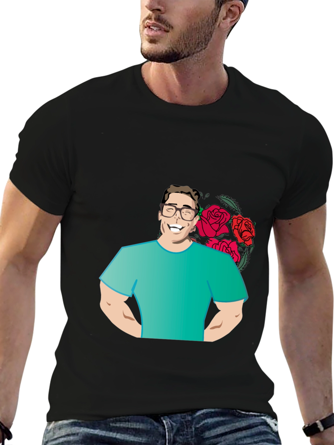 Cartoon Man with Roses Graphic T-Shirt