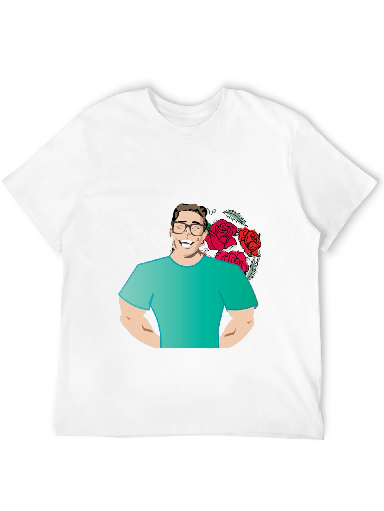 Cartoon Man with Roses Graphic T-Shirt