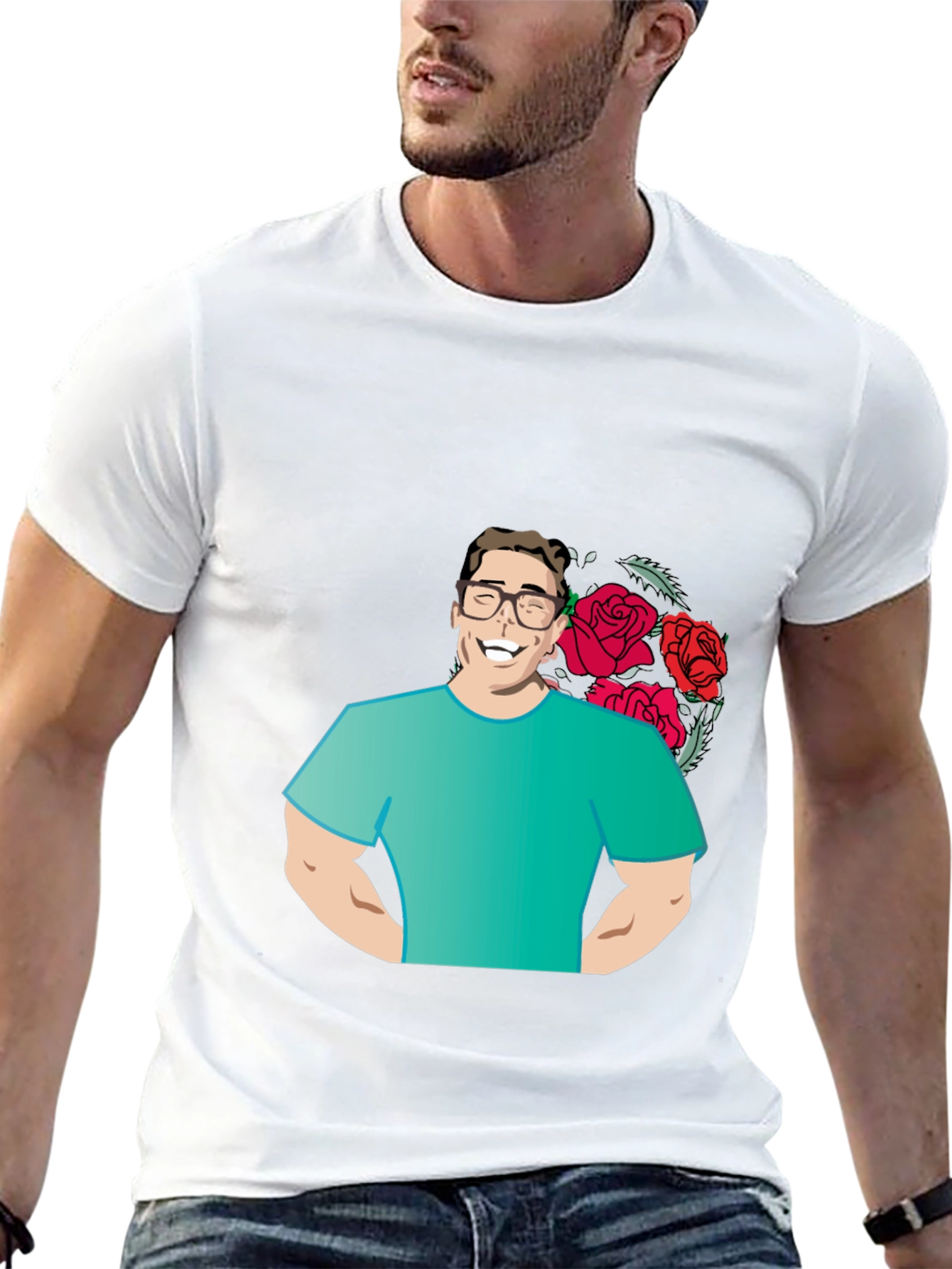 Cartoon Man with Roses Graphic T-Shirt