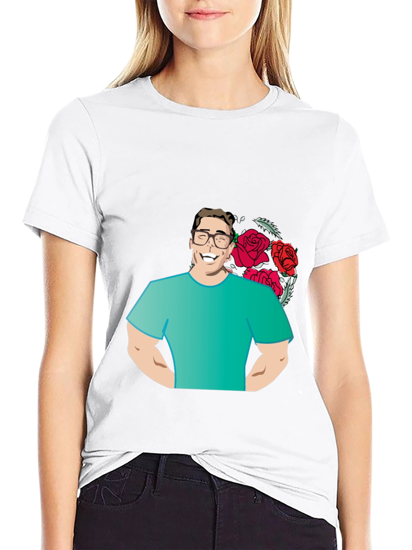 Cartoon Man with Roses Graphic T-Shirt