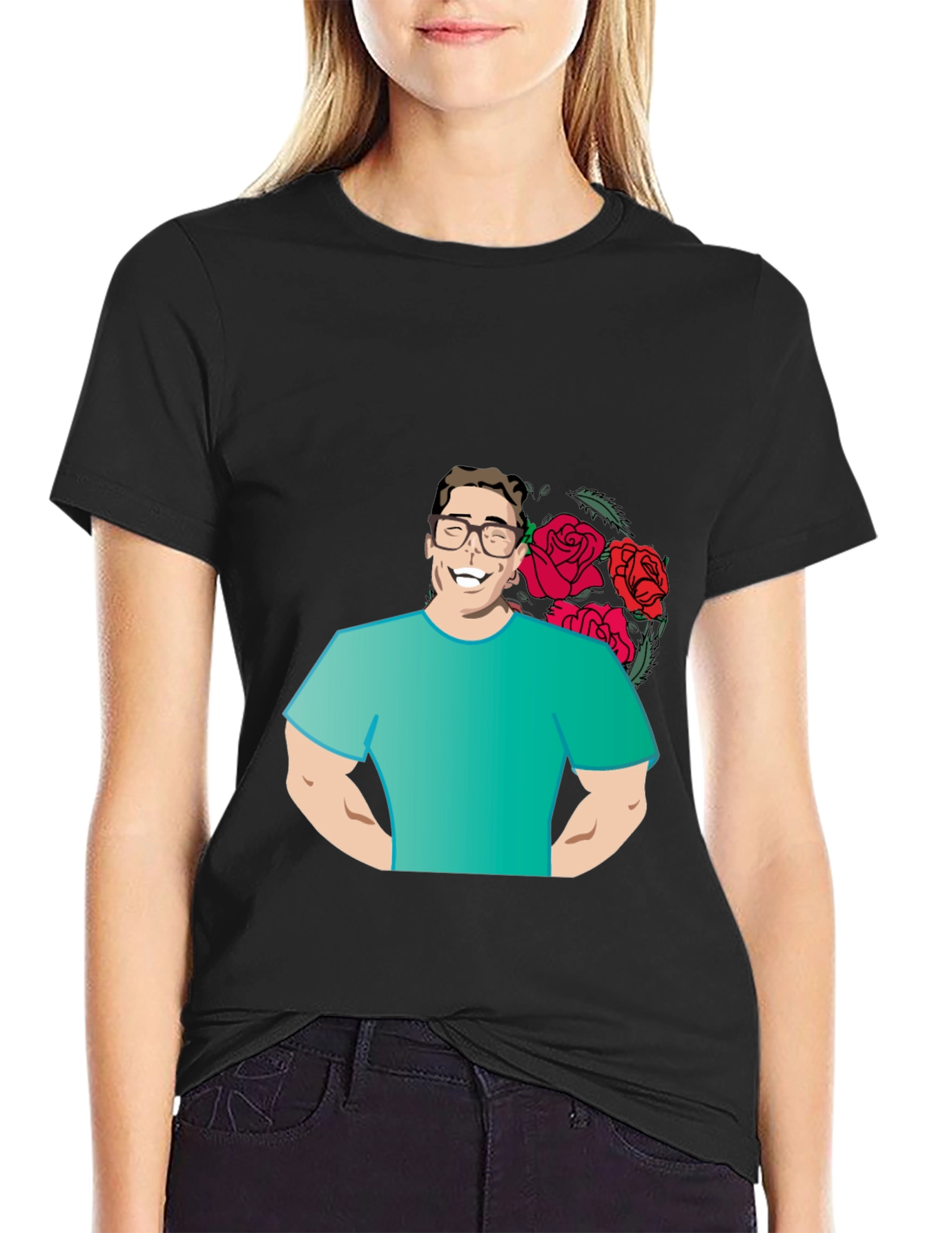 Cartoon Man with Roses Graphic T-Shirt
