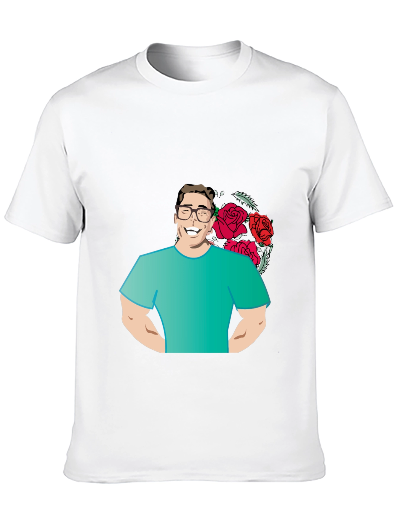 Cartoon Man with Roses Graphic T-Shirt