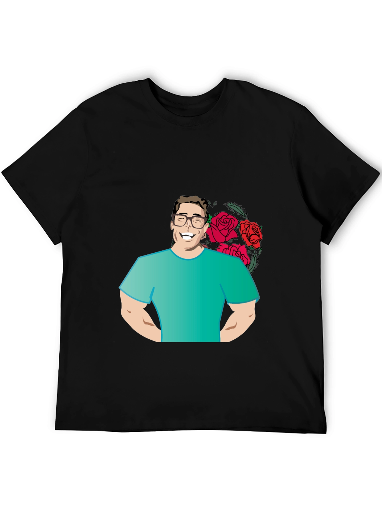 Cartoon Man with Roses Graphic T-Shirt