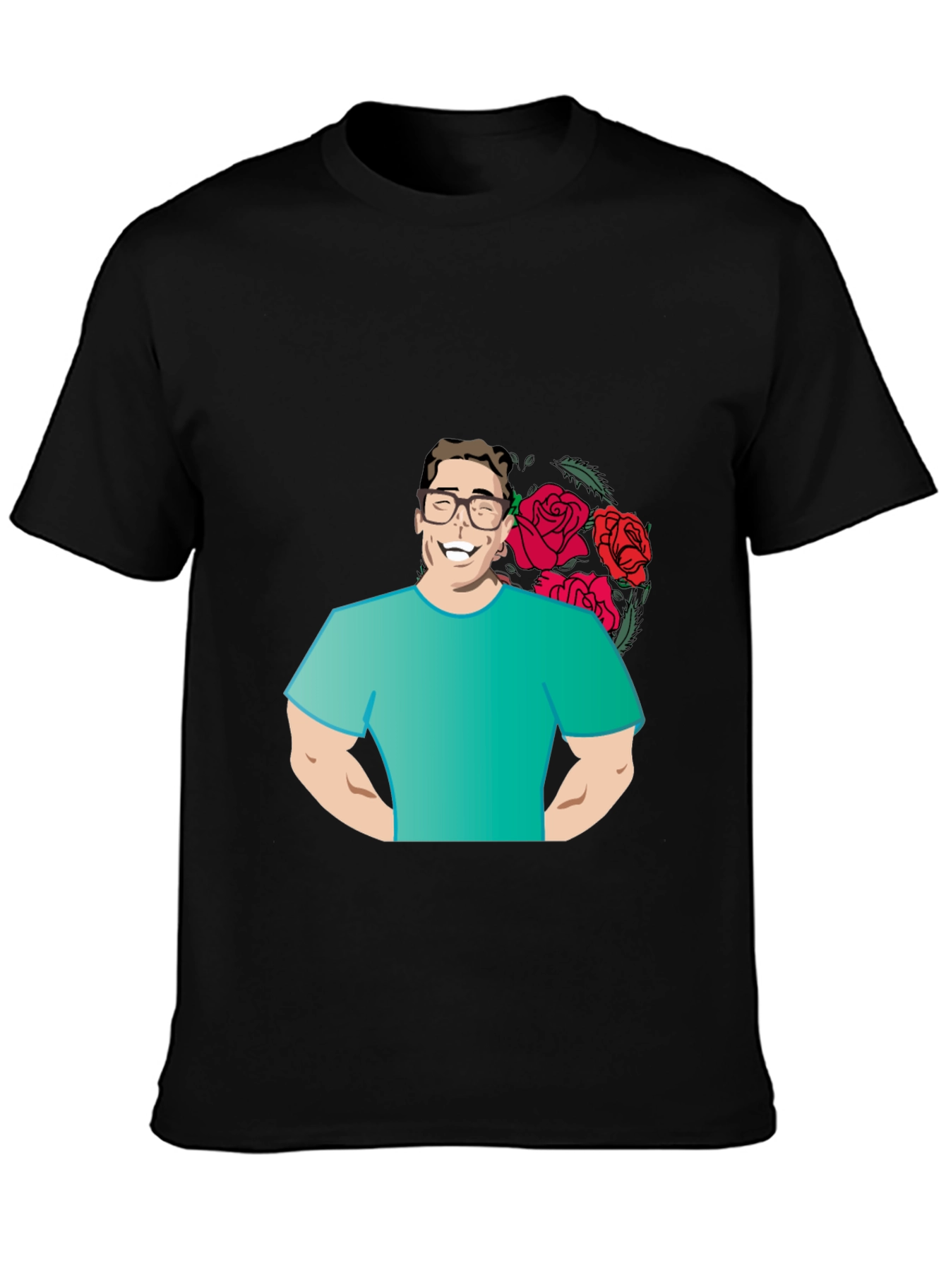Cartoon Man with Roses Graphic T-Shirt