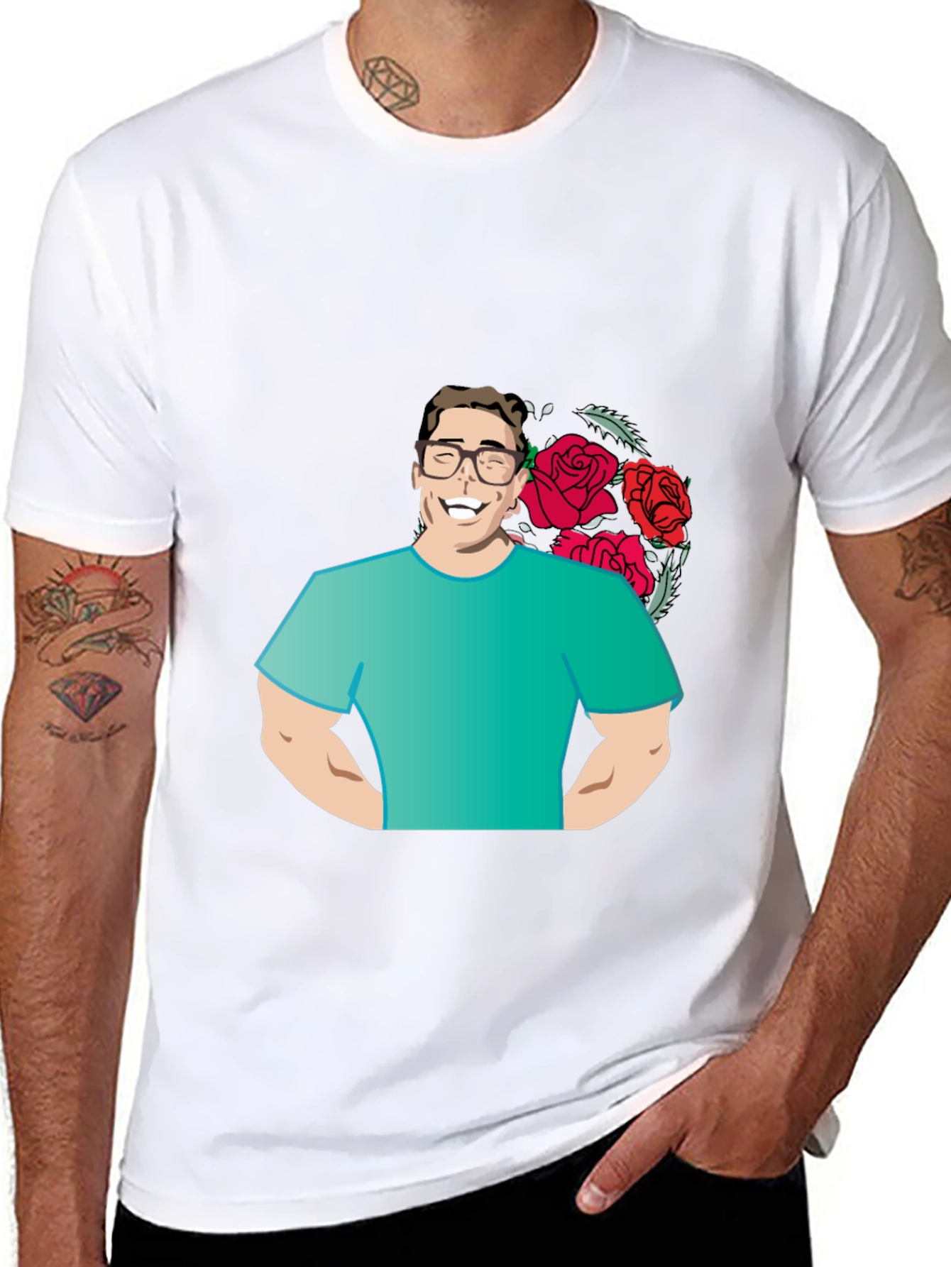 Cartoon Man with Roses Graphic T-Shirt