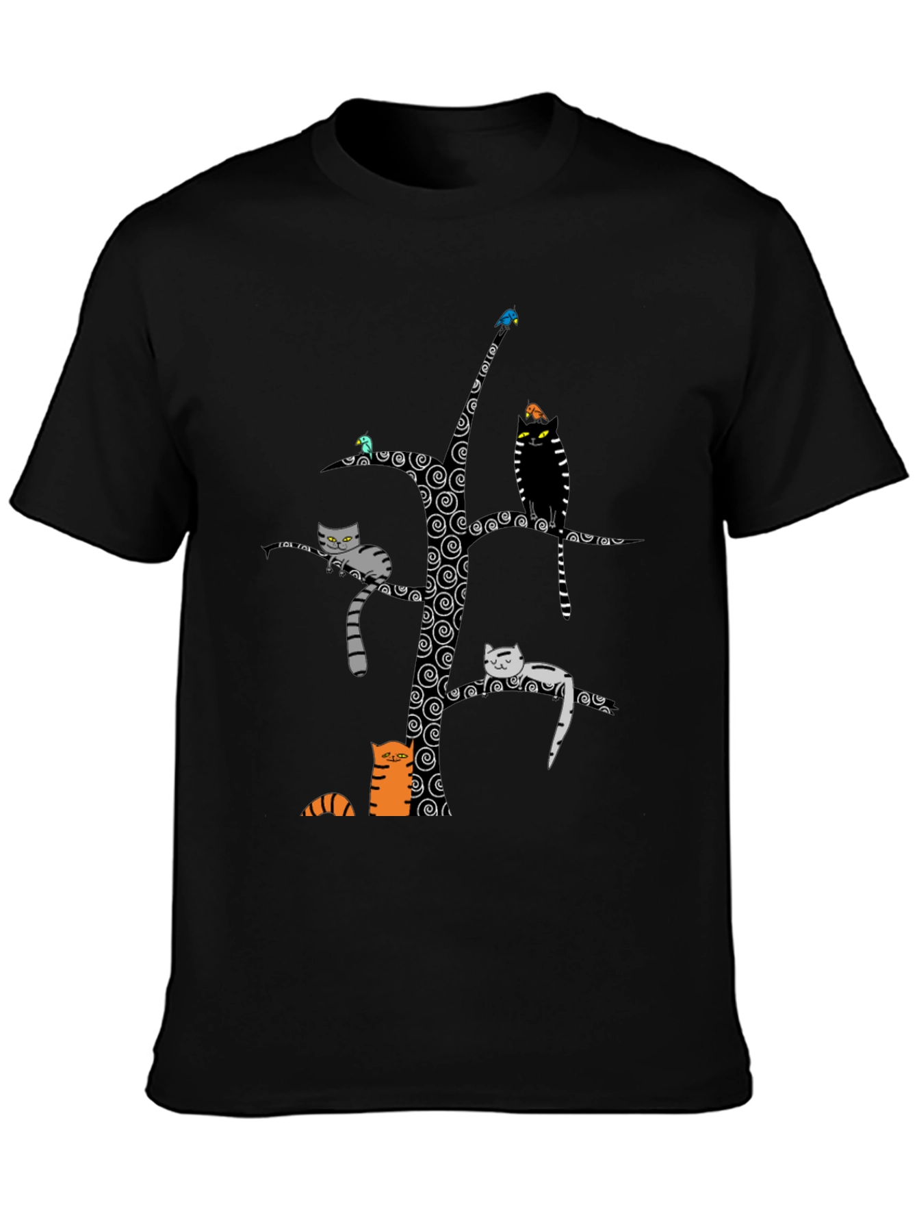 Whimsical Cat Tree Graphic Tee - Unisex Black Cotton