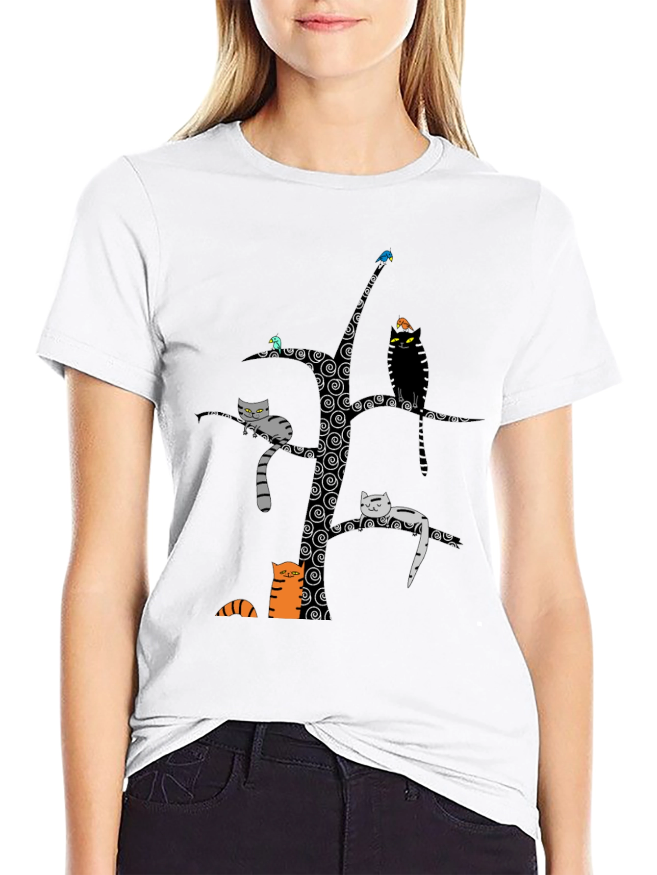 Whimsical Cat Tree Graphic Tee - Unisex Black Cotton