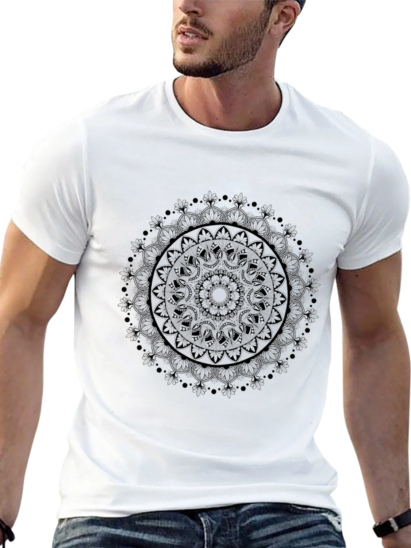 Black Mandala Print Crew Neck T-Shirt
