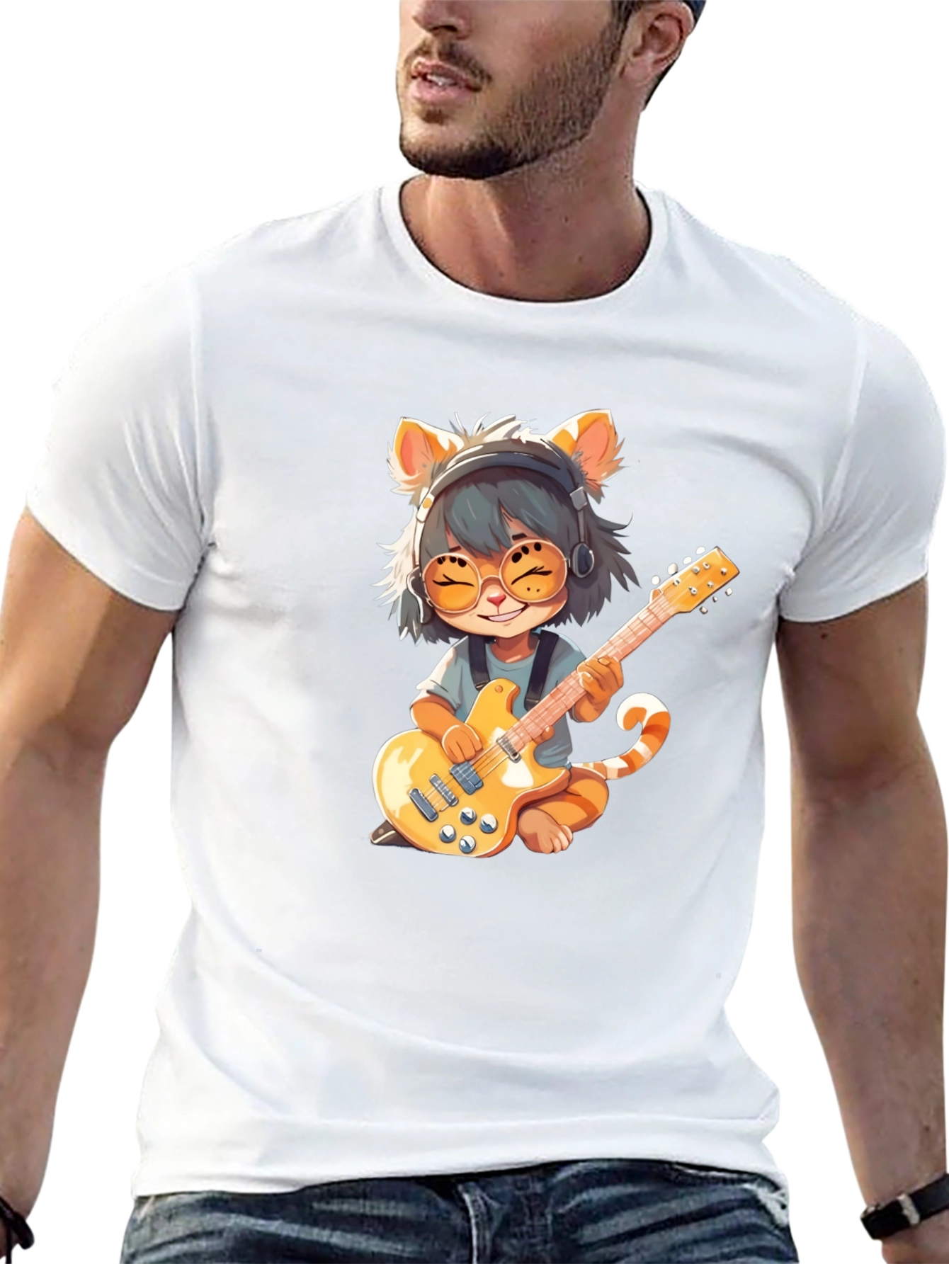 Cat Guitarist Graphic T-Shirt - Rock On!