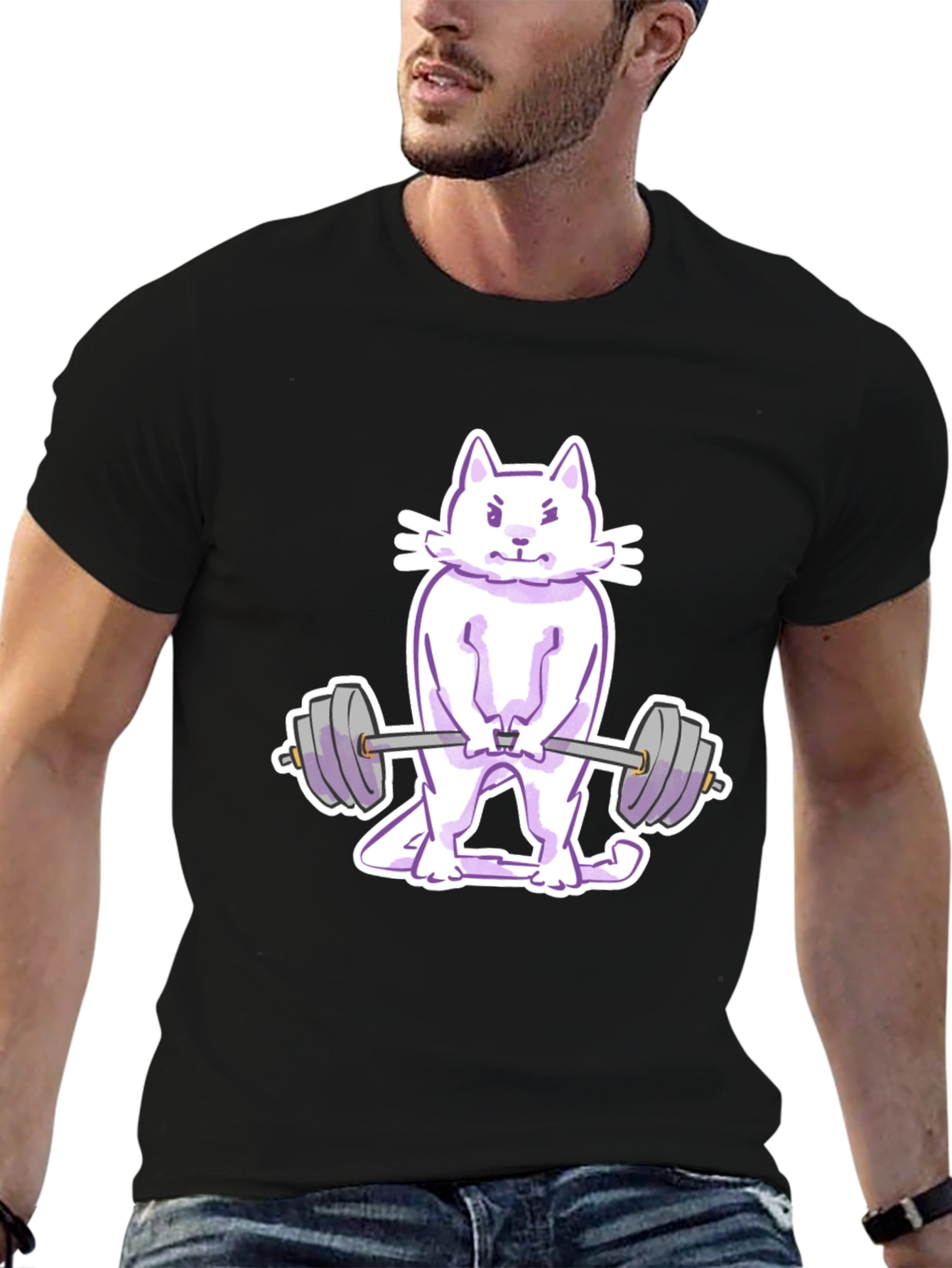 Cat Lifting Weights Graphic Tee - Black