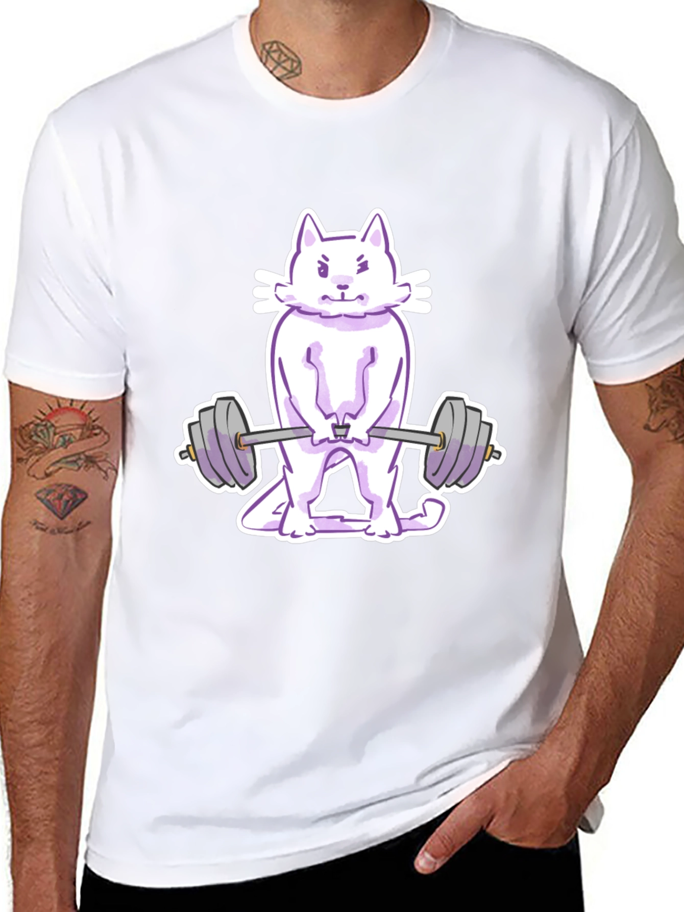 Cat Lifting Weights Graphic Tee - Black