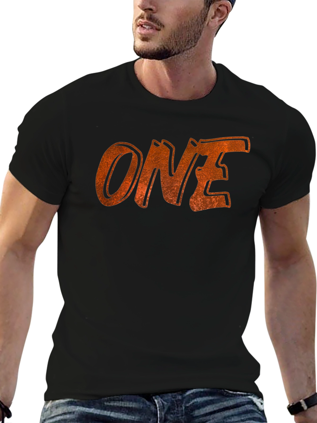 Distressed ONE Graphic Tee - Black Cotton Casual Shirt