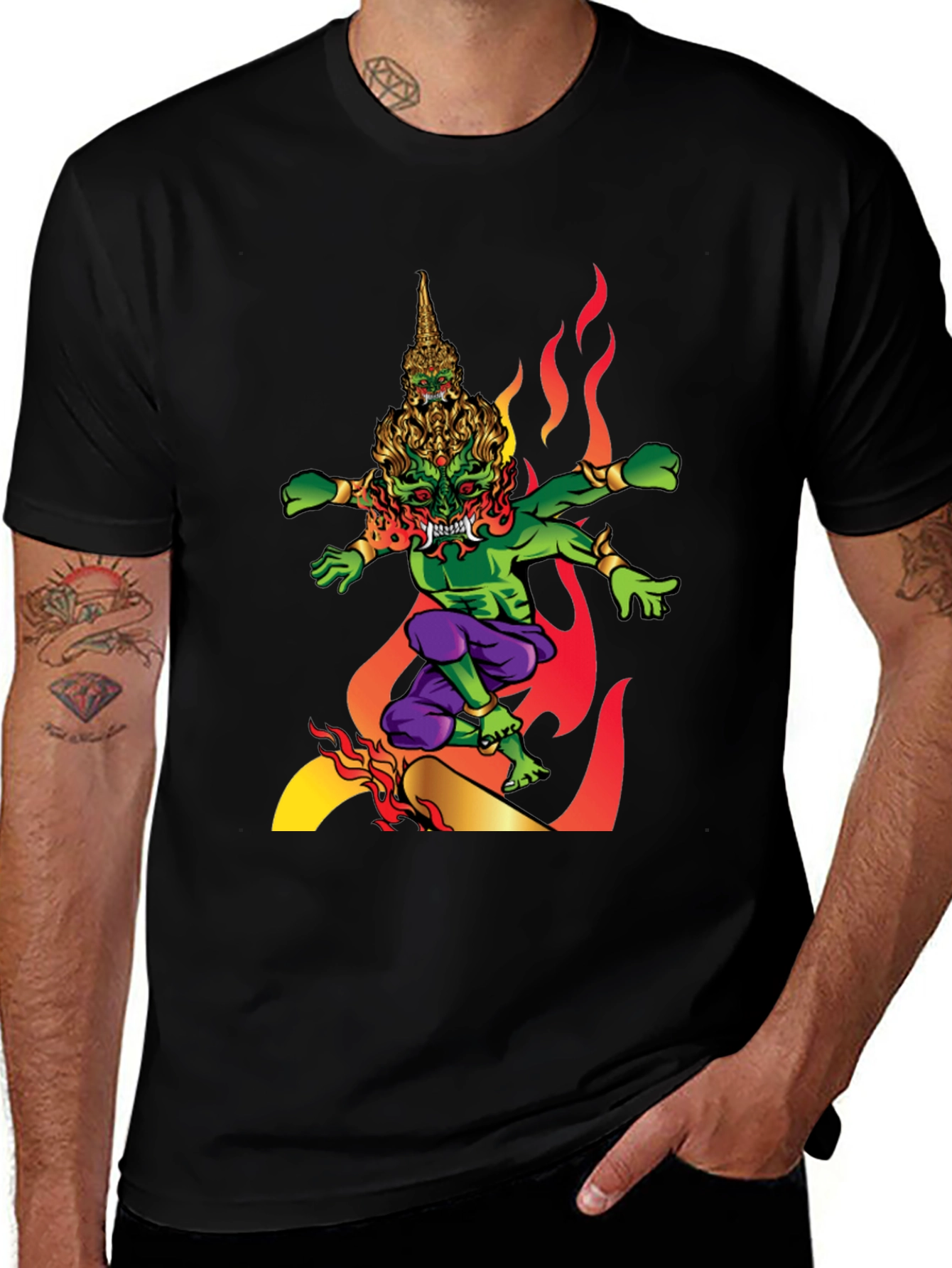 Mens Graphic Tee: Fiery Thai Demon Design