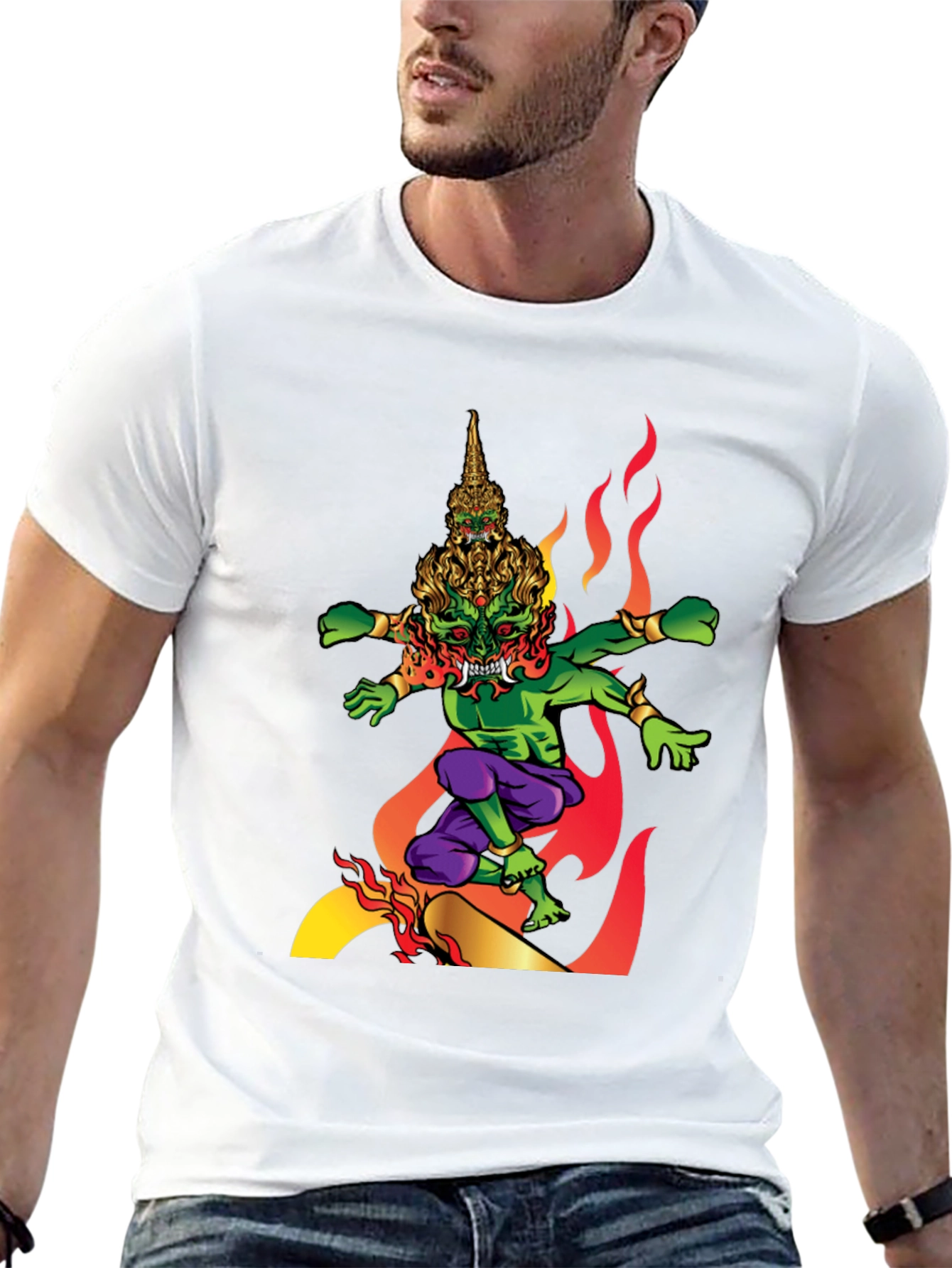 Mens Graphic Tee: Fiery Thai Demon Design