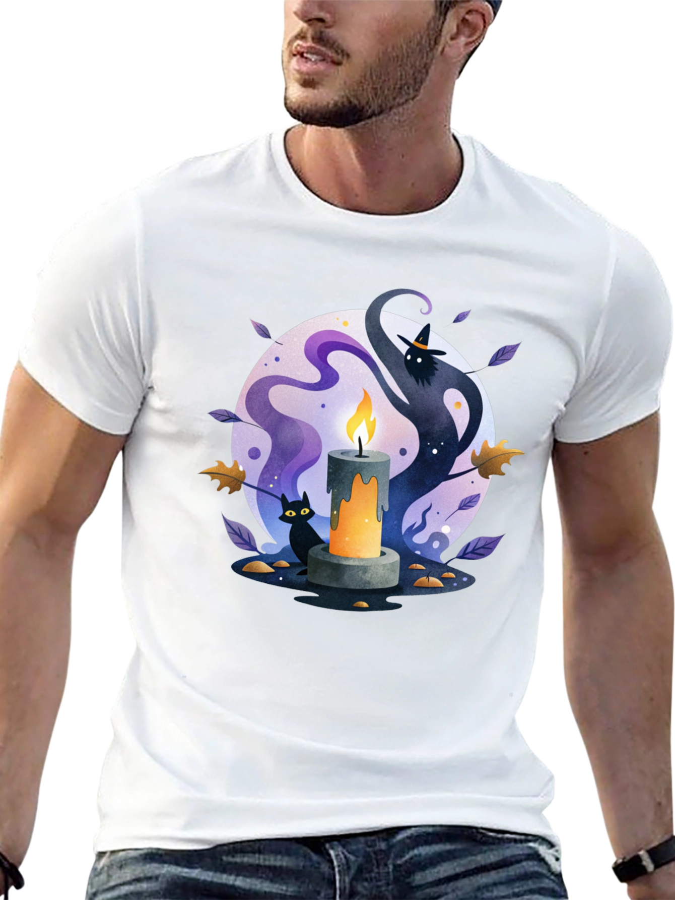 Spooky Halloween Candle T-Shirt - Cat & Witch Design