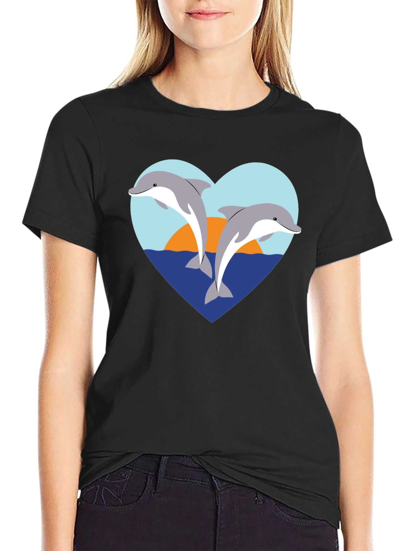 Dolphin Heart Graphic T-Shirt - Black Cotton Tee