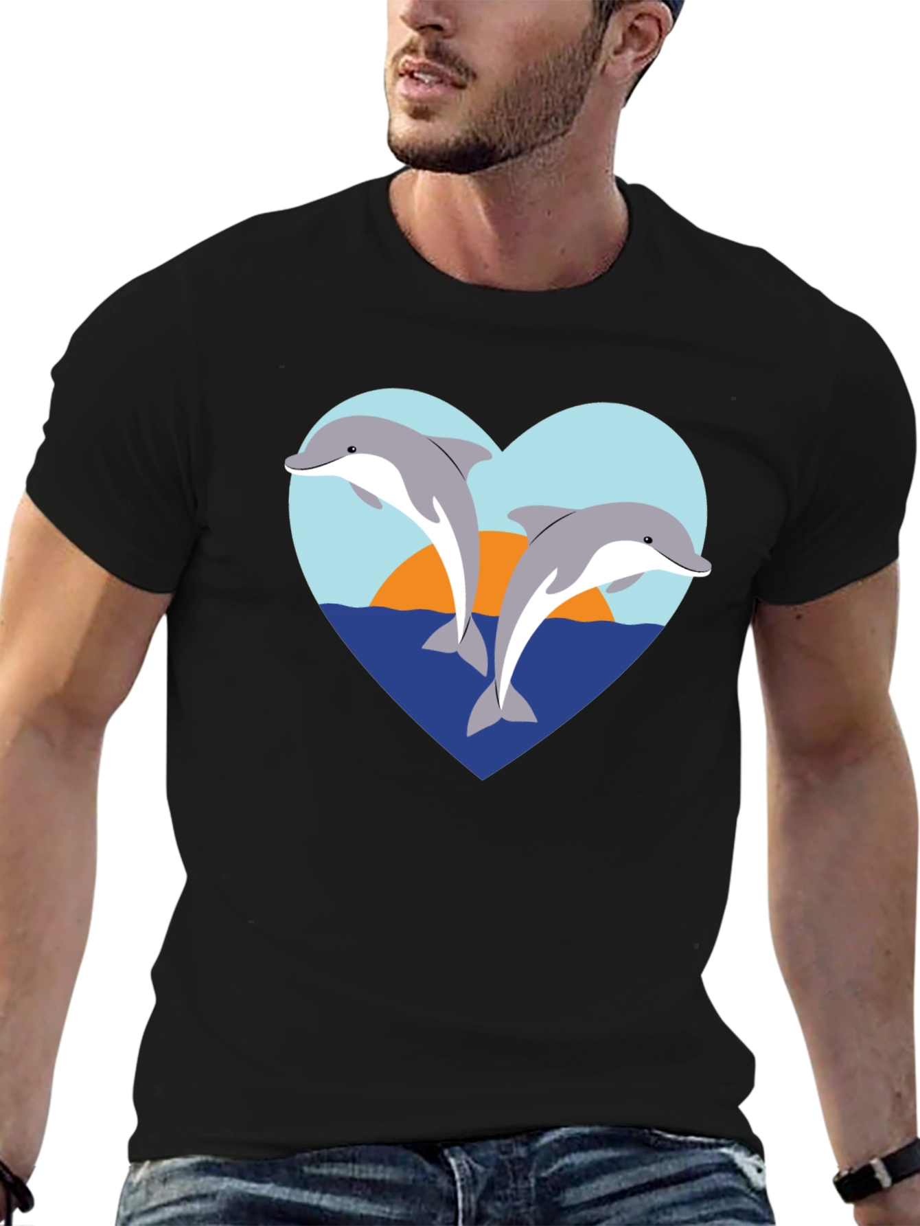 Dolphin Heart Graphic T-Shirt - Black Cotton Tee
