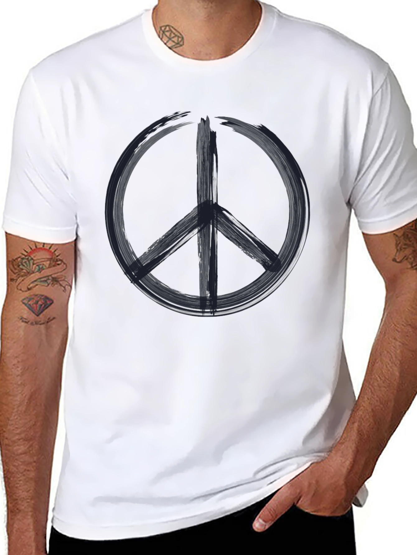 Peace Sign Graphic Tee - Black Cotton Casual Shirt