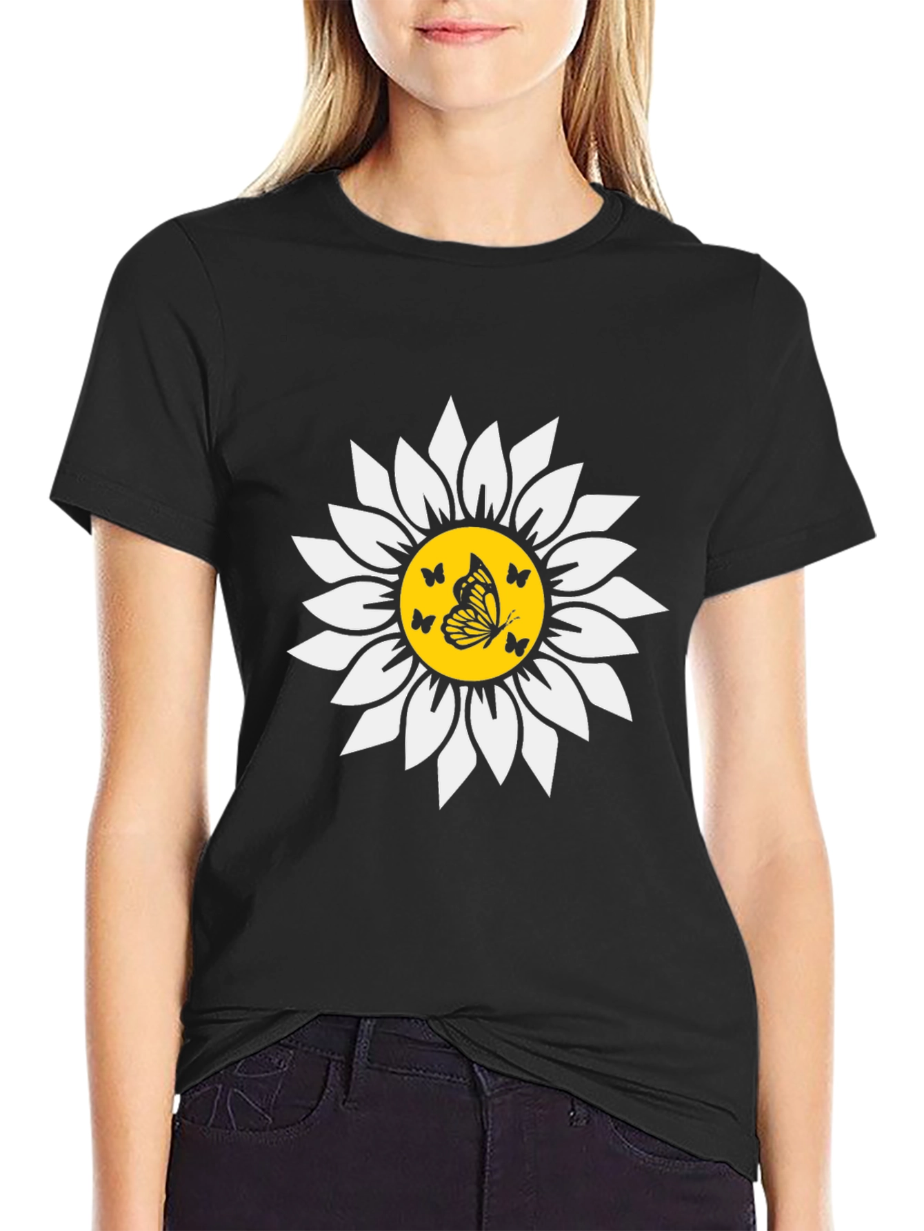 Butterfly Sunflower Graphic Tee - Black Unisex T-Shirt