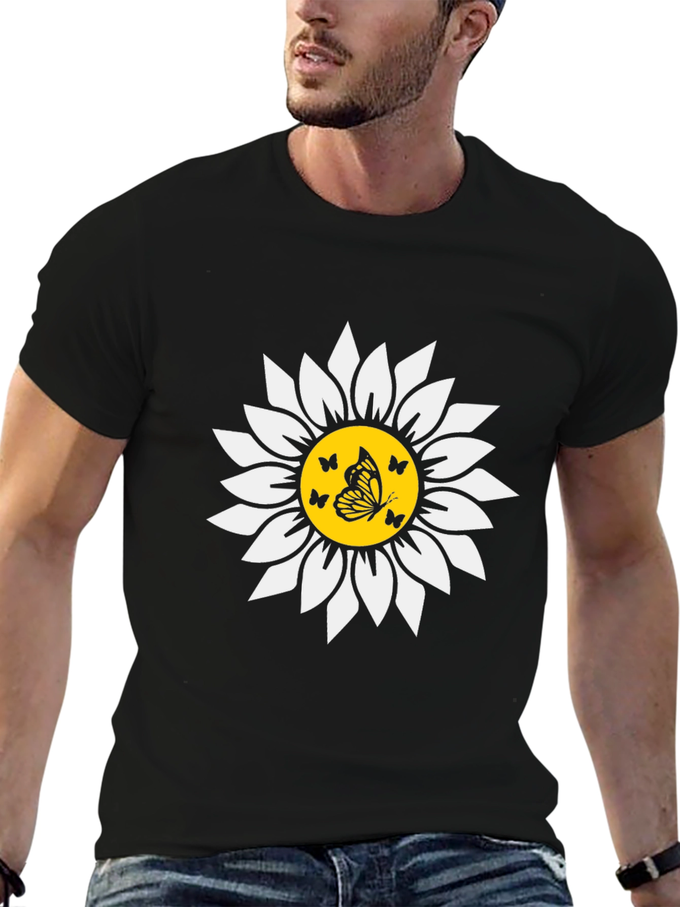Butterfly Sunflower Graphic Tee - Black Unisex T-Shirt