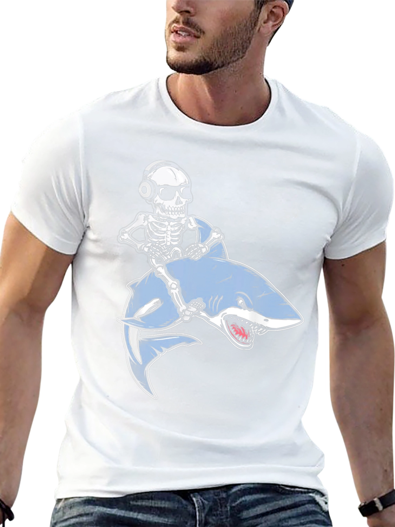 Skeleton Riding Shark Graphic T-Shirt