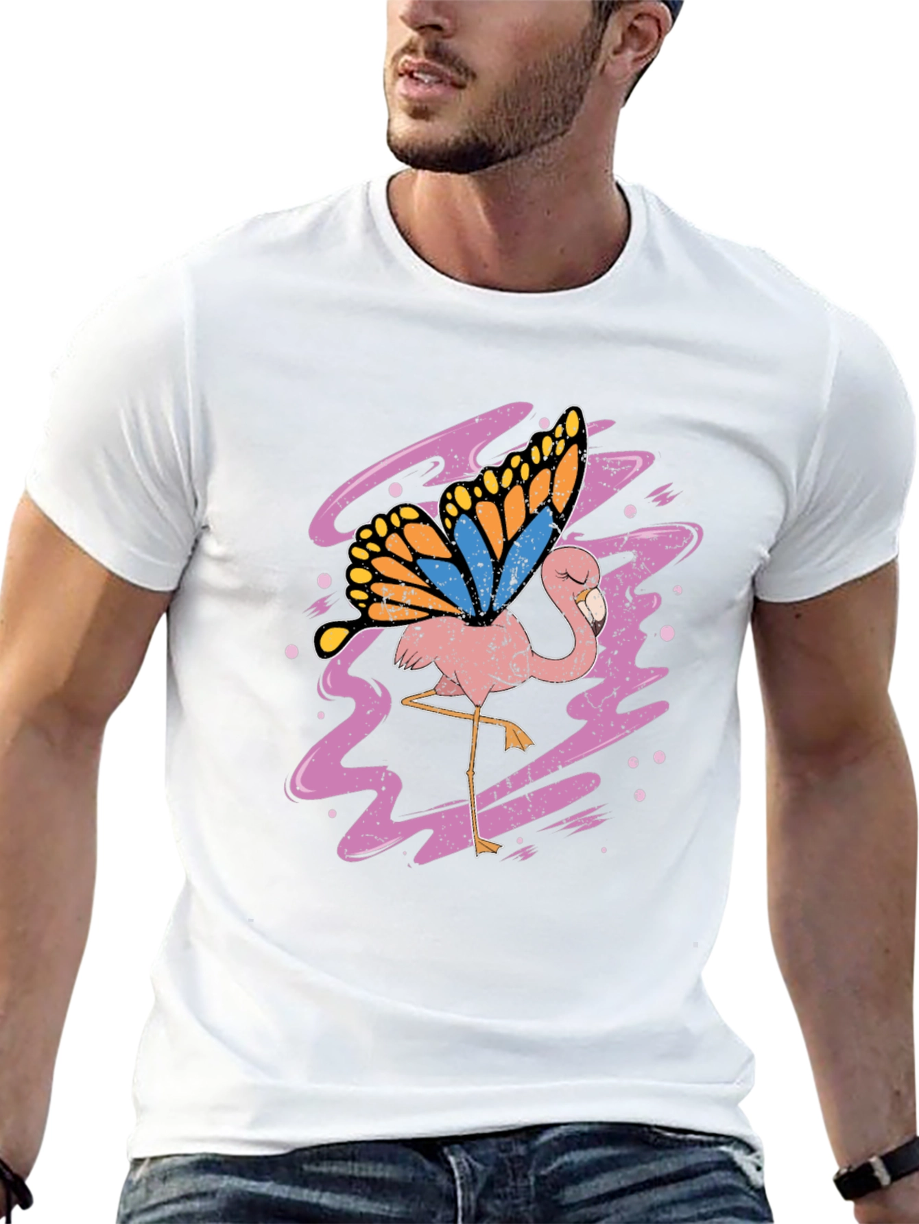 Flamingo Butterfly Graphic Tee - Black Cotton Shirt