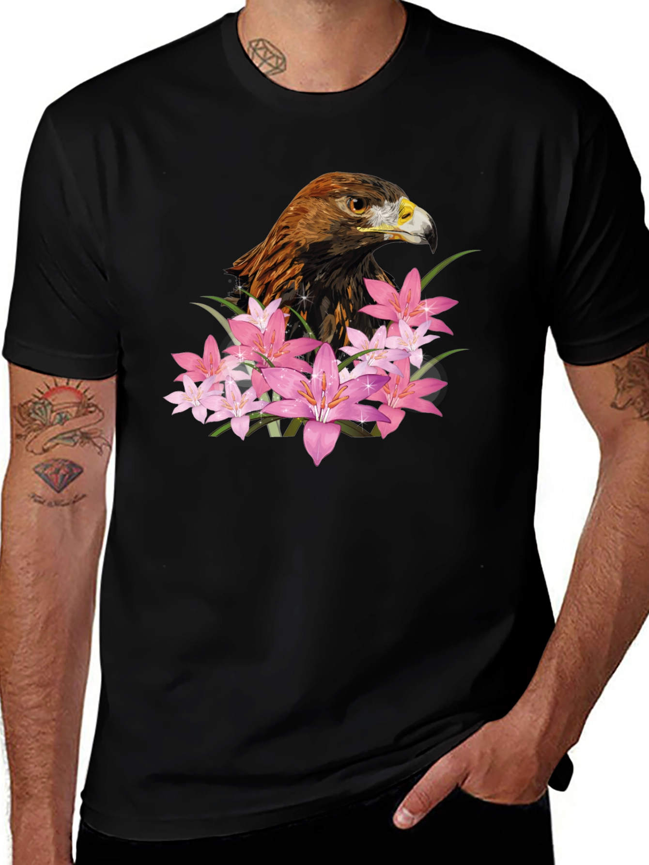 Eagle and Floral Print Black T-Shirt